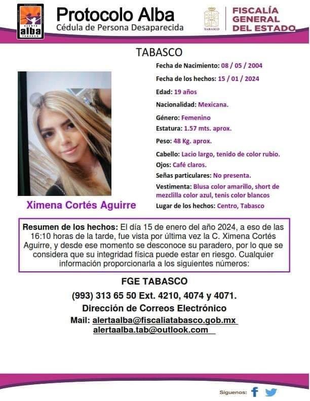 🚨 SIGUEN DESAPARICIONES DE JOVENCITAS EN TABASCO 🚨 

#AlertaAlba | Ximena Cortés Aguirre, desapareció en el la ciudad de #Villahermosa municipio de Centro, el pasado 15 de enero de 2024; hay alerta por presunta red de trata de blancas en #Tabasco.