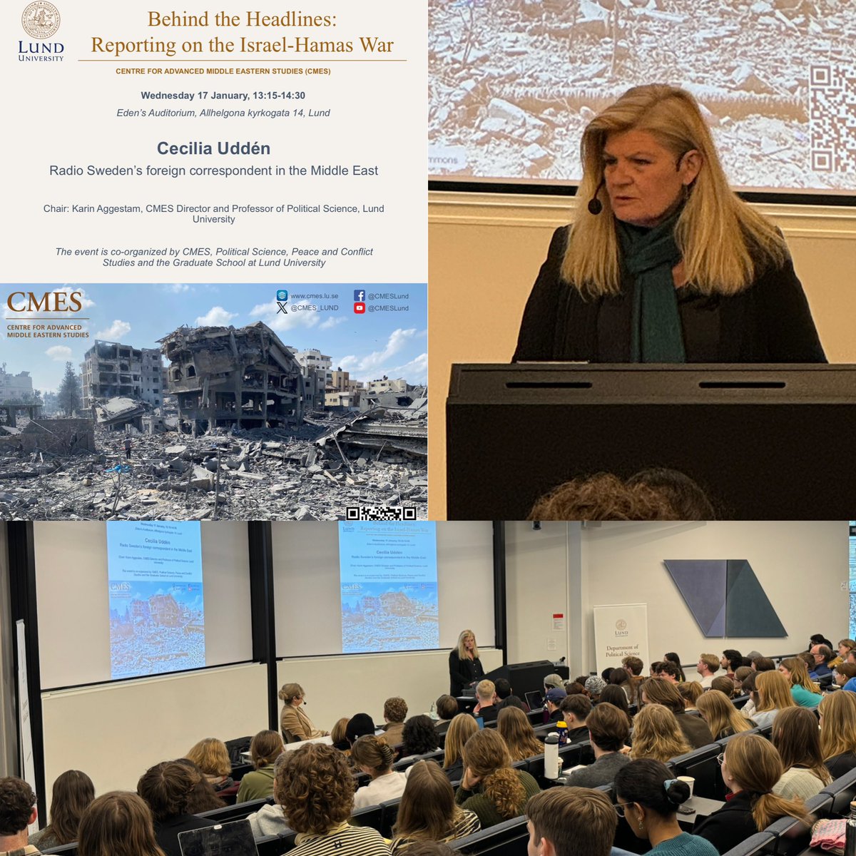CMES_LUND's tweet photo. Fascinating lecture with @ceciliauddenm about the difficulties of reporting on the Israel-Hamas war and the ongoing worldwide polarisation. https://t.co/2UBV6nTm5T