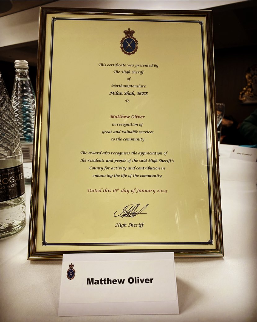 Privileged to have received this award at the @HighSheriffNN lecture yesterday evening for my work with young people and in the communities of Northamptonshire 🔥🚒