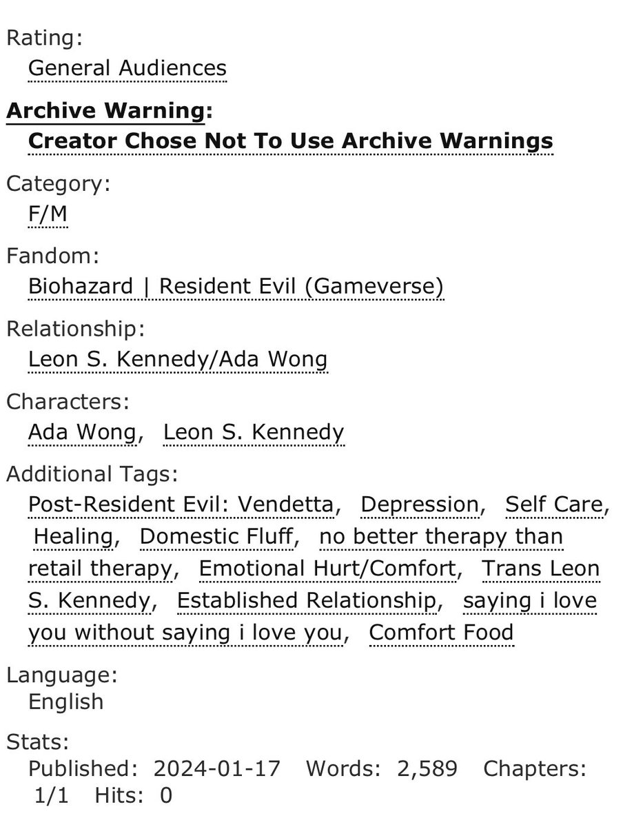 holding on 

Commissioned by <a href="/MostsaneREfan/">Sina🍉 // SAW NIN</a> 

👔 based on the idea that Ada dresses up Leon like he’s her doll 
👔 Post Vendetta, Self Care, Domestic Fluff, Hurt/Comfort

archiveofourown.org/works/53106628