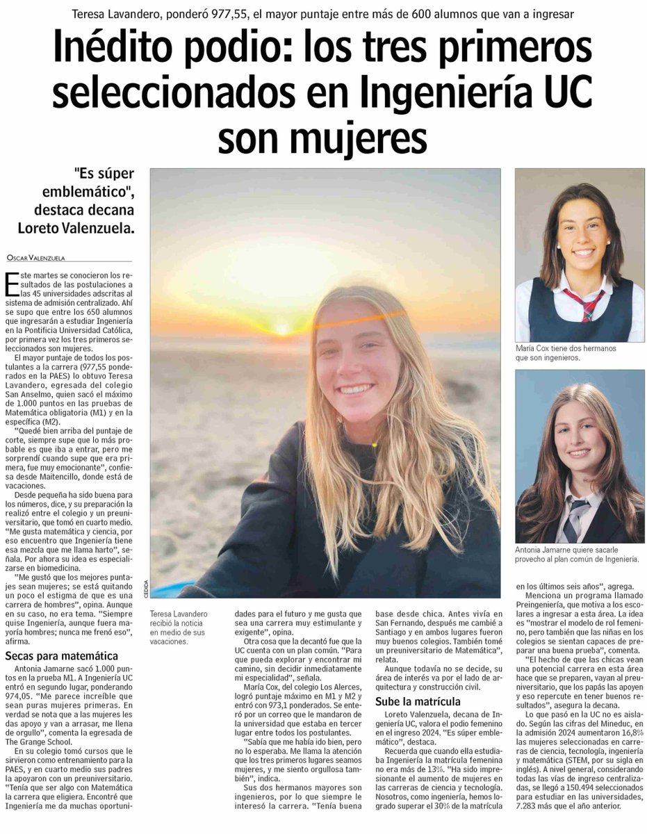 👏Queremos destacar y felicitar a las tres primeras seleccionadas de #IngeneríaUC👩‍🔬 Hecho inédito y orgullo para la Escuela para seguir impulsando a mujeres en el área STEM👷🏻‍♀️👩🏼‍🔬👩🏽‍💻

¡Les deseamos lo mejor para los próximos años!
📌Revisa la nota de LUN aquí
<a href="/Lorechile/">Loreto Valenzuela</a> <a href="/ucatolica/">Universidad Católica</a>