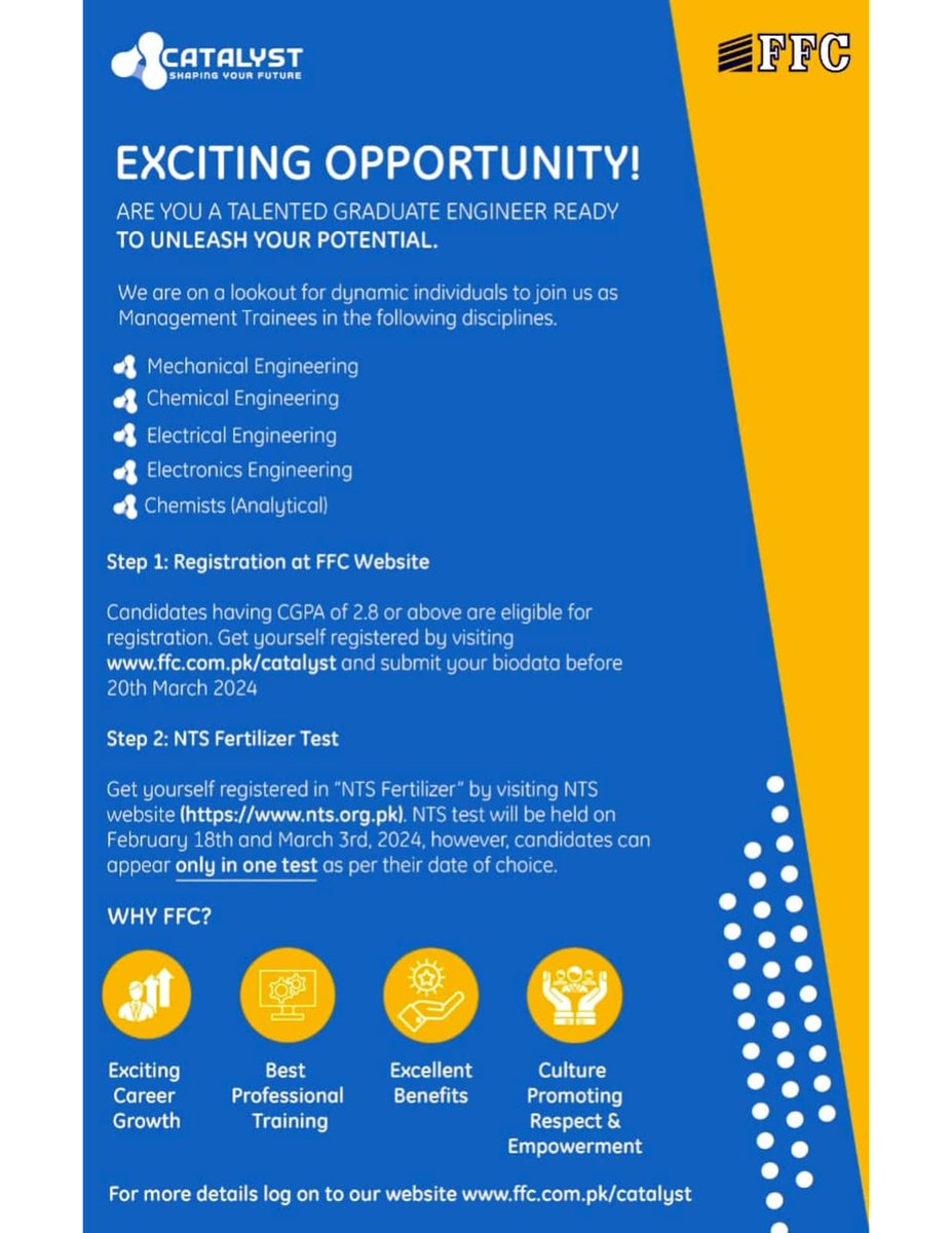 FFCL1978's tweet photo. The wait is over, come join us. Get yourself registered.

#FFC #Catalyst #ManagementTraineeEngineersProgram2024 #WeAreRecruiting #ShapingYourFuture #RegistrationsOpeningSoon #ComeJoinUs #NUST #GIKI #UET #NED #UETLAHORE #UETPESHAWAR #UETTAXILA #PU #PIAEC https://t.co/jmV2KwwbX5