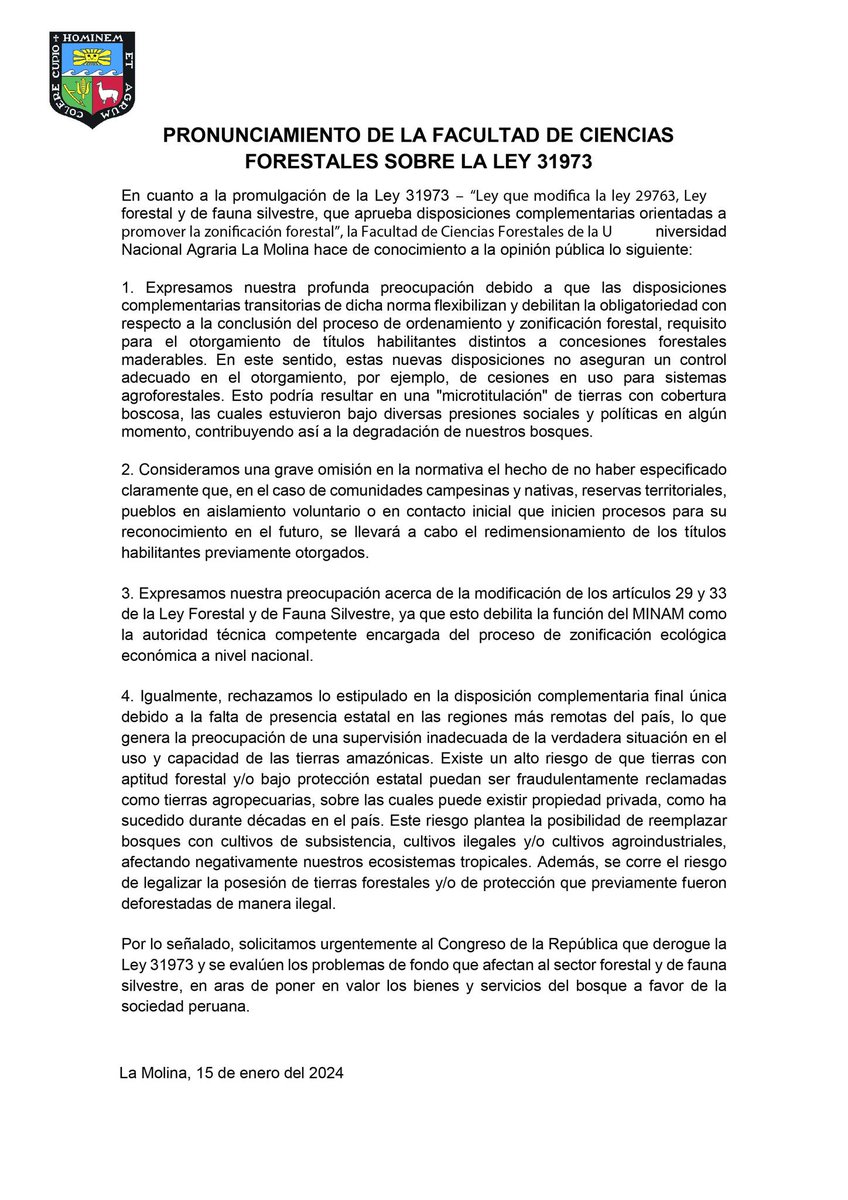 UNALM_online's tweet photo. 📌 La Facultad de Ciencias Forestales de la UNALM emite el siguiente comunicado en relación con la Ley 31973, también conocida como "Ley de Modificación de la 29763" https://t.co/S4gDjUE9w1