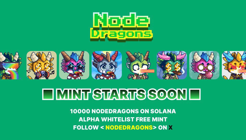 #抽奖 #Giveaway 创世OG白单来袭🐲

🐲 Solana 上节点龙@NodeDragons ，据说项目是由之前Arb上第一神矿Dragon City打造的，之前有超200万矿工挖矿✨!形象的小龙又赶上龙年这个质量NFT也是非常高的，极具潜力成为SOL上的牛逼NFT😱#NFT 

🐲抽5个创世OG白
*和普通白福利不一样,总量只有500个

龙年+像素龙NFT+多部位设计+老牌项目团队，总量10K个，多重BUFF加成直接拉满！

1️⃣关注@NodeDragons +@isadora288881 
2️⃣点赞❤️+转发♻️+tag2 @ 2个好友
3️⃣add TG group 加入官方TG群 https://t.co/Wzh6EeYQ4E

🐲24H小时开奖！