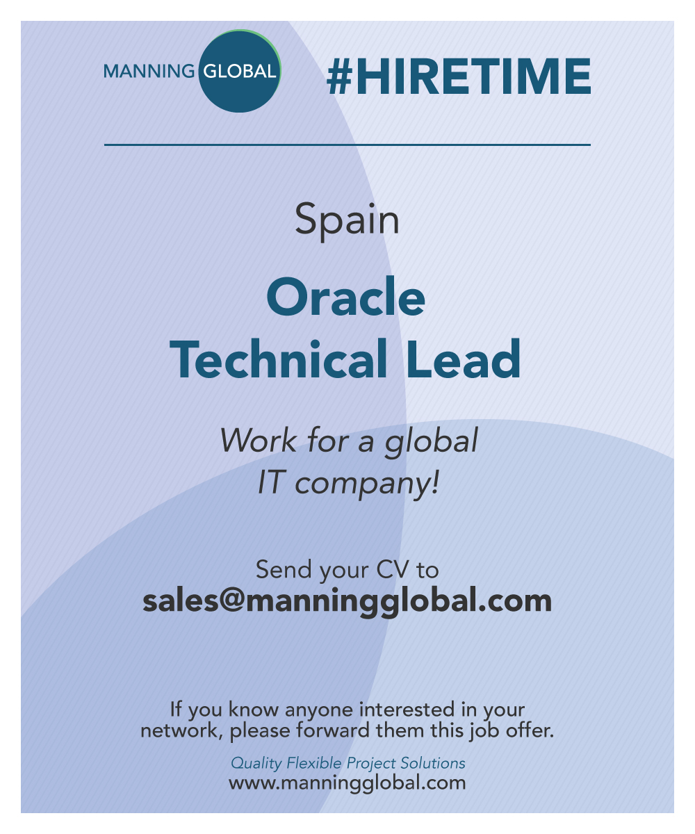 ManningGlobal's tweet photo. New #job in #Spain! 🇪🇸
Our client, a leading #IT company, is recruiting for an ORACLE TECHNICAL LEAD!
Send your CV to sales@manningglobal.com
#Oracle #Agile #Waterfall #SQL #Unix #ShellScripting #OracleBPM #Developer #Gitlab #Jenkins #Bitbucket #Jira #Confluence #Tech https://t.co/q0LlfIcD90