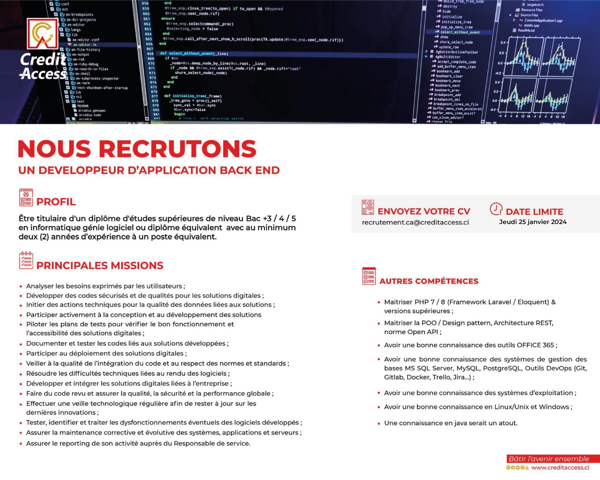 creditaccess_sa's tweet photo. APPEL À CANDIDATURE
Nous recrutons un 𝗗𝗘́𝗩𝗘𝗟𝗢𝗣𝗣𝗘𝗨𝗥 𝗗'𝗔𝗣𝗣𝗟𝗜𝗖𝗔𝗧𝗜𝗢𝗡 𝗕𝗔𝗖𝗞 𝗘𝗡𝗗.
_____
#RECRUTEMENT
#BâtirLAvenirEnsemble
#creditaccess https://t.co/40AiymCGYq
