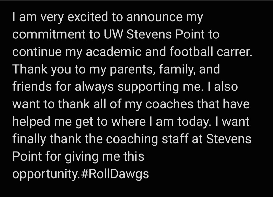 COMMITTED!!!
@CoachAArch
@CoachVenne
@UWSPFootball
@WrightstownFB
#RollDawgs