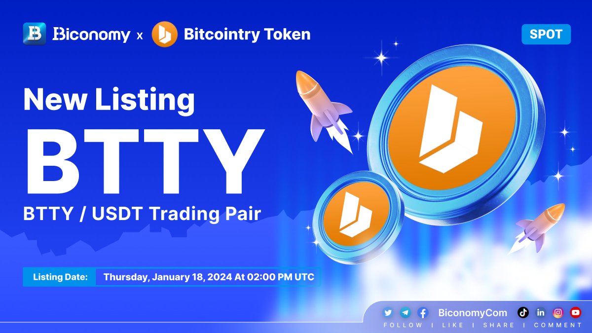 🚀NEW LISTING🔥 $BTTY #Biconomy will list @Bitcointrycom and open the #BTTY  / #USDT trading pair on January 18, 2024 at 02:00 PM UTC 🔥 🗓️Open deposit  and withdrawal time: January 18, 2024