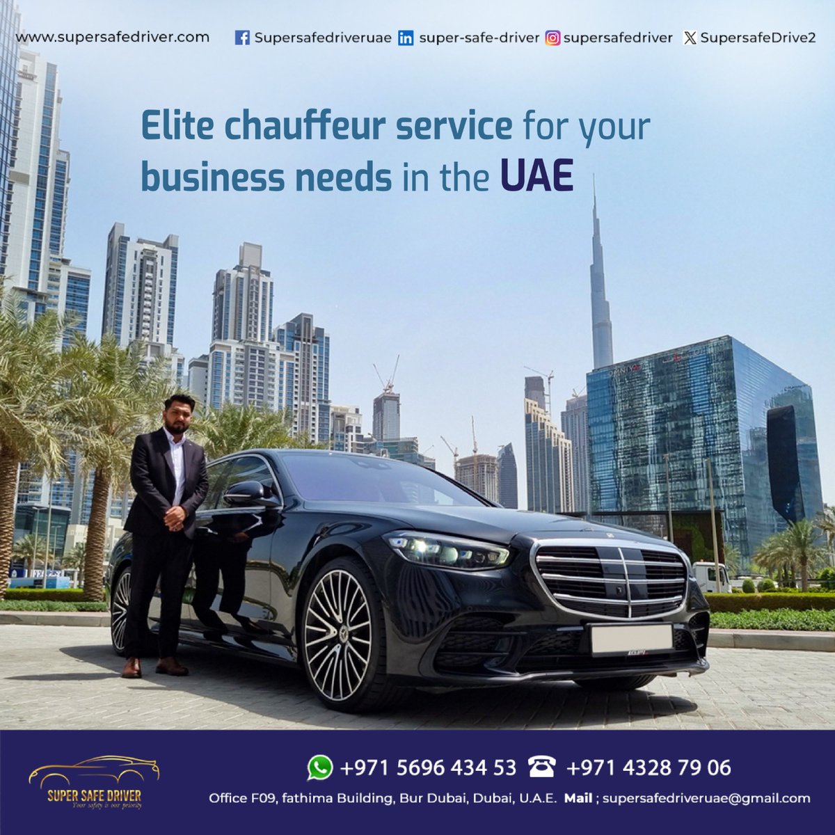 SuperSafeDrive2's tweet photo. Exceptional chauffeur services tailored to meet your business requirements in the UAE. Your corporate journey, our priority. 
Visit: https://t.co/LfdFNdSPZB
Whatsapp: 056 964 3453
Call: +971 43287906

#supersafedriver #chauffeurservices #luxuriousride #comfortableride #efficient https://t.co/BIlZ1Wy4Ox