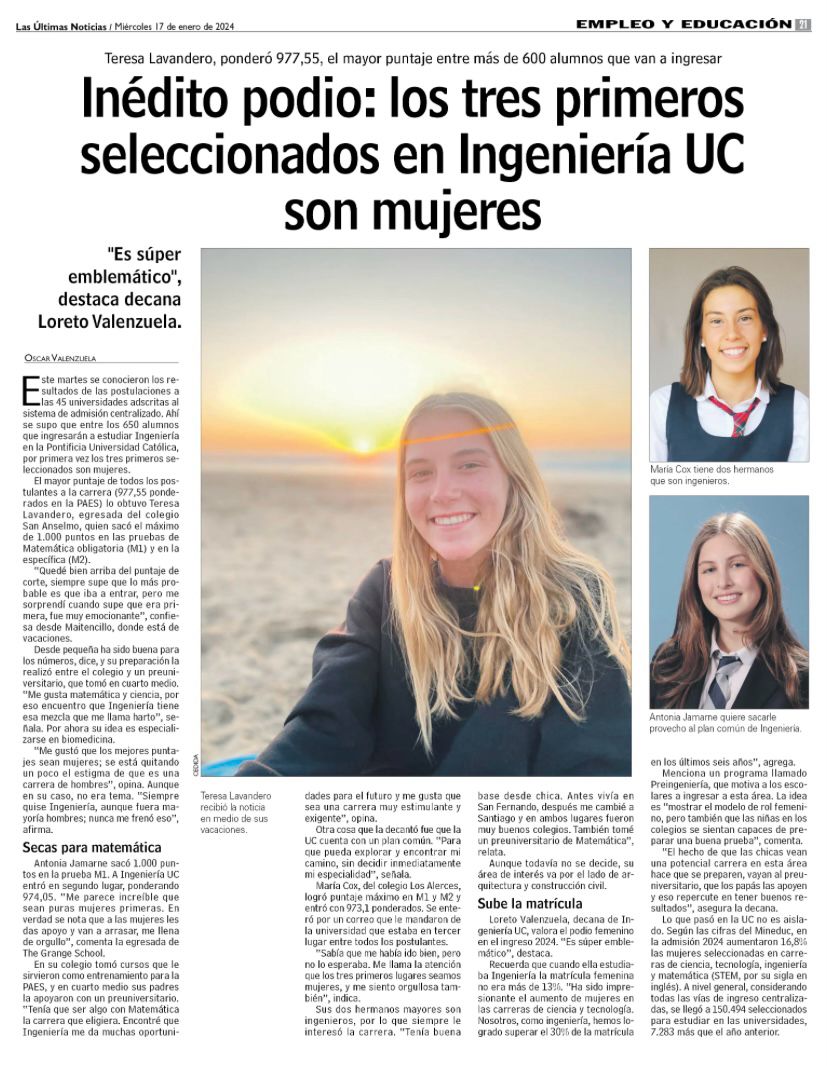 WOW! Espectacular <a href="/IngenieriaUC/">Escuela Ingeniería UC</a> 😍 Los tres primeros lugares de la admisión 2024 sean mujeres. Orgullo máximo 💪💜