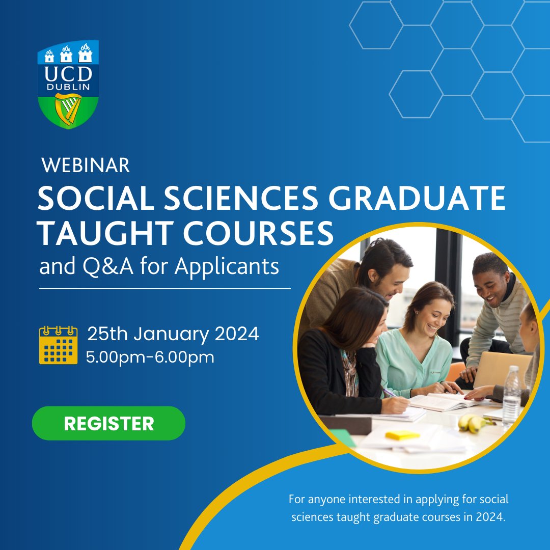 ucdsocscilaw's tweet image. Join us on Thursday 25th Jan. 5-6pm to learn about all Taught Graduate courses at #UCD Social Sciences. Q&amp;amp;A with course leaders from each School and chat with a current Social Sciences graduate student. 
Register: bit.ly/3tXZPxb
 @ucddublin