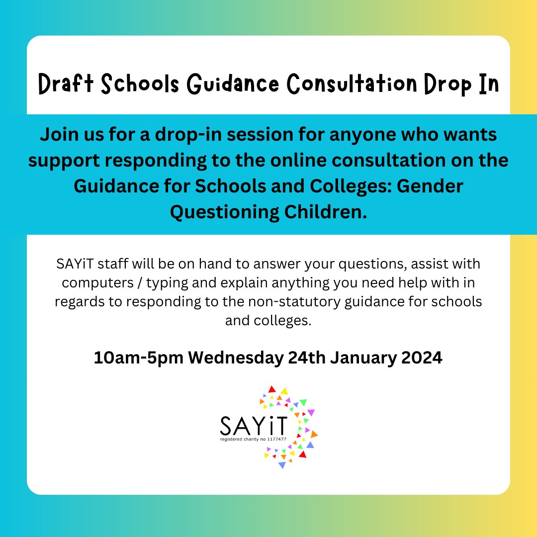Join us next week if you would like assistance in responding to the Draft Schools Guidance Consultation. The form currently has no Easy Read version. Someone who makes Easy Read will be at the drop in from 1-5pm to simplify the jargon used.