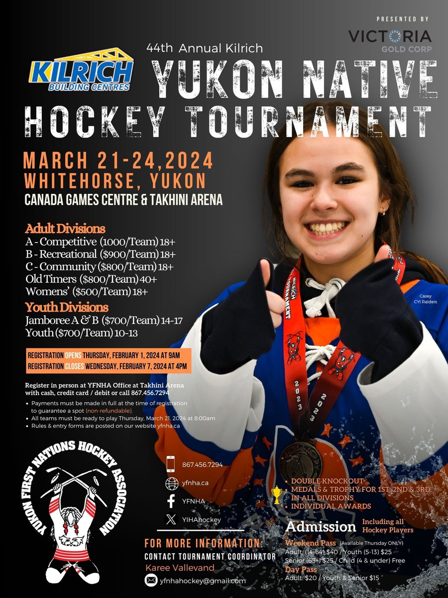 44th Annual Kilrich Yukon Native Hockey Tournament
Date: March 21 - 24, 2024
Where: Whitehorse, Yukon