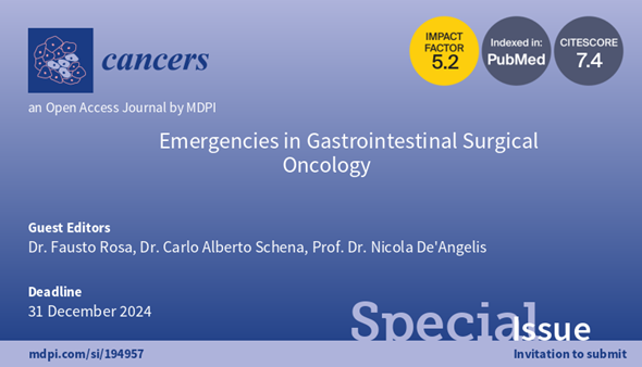 Cancers_MDPI's tweet photo. 📢We share the Special Issue “Emergencies in Gastrointestinal Surgical Oncology”, edited by Dr. @FaustoRosa10 et al is open for submission now❗️

📅Deadline for manuscript submissions: 31 December 2024.

📌Find more details here: https://t.co/mOTR5yeoYI https://t.co/OP5aqYX6Yg