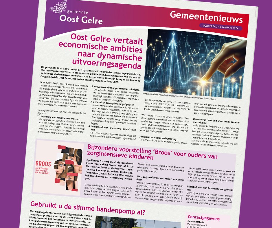 Deze week onder meer in het gemeentenieuws: Oost Gelre vertaalt economische ambities naar dynamische uitvoeringsagenda | Bijzondere voorstelling 'Broos' voor ouders van zorgintensieve kinderen | Gebruik jij de slimme bandenpomp?

🗞️ Lees de artikelen op oostgelre.nl/nieuws.