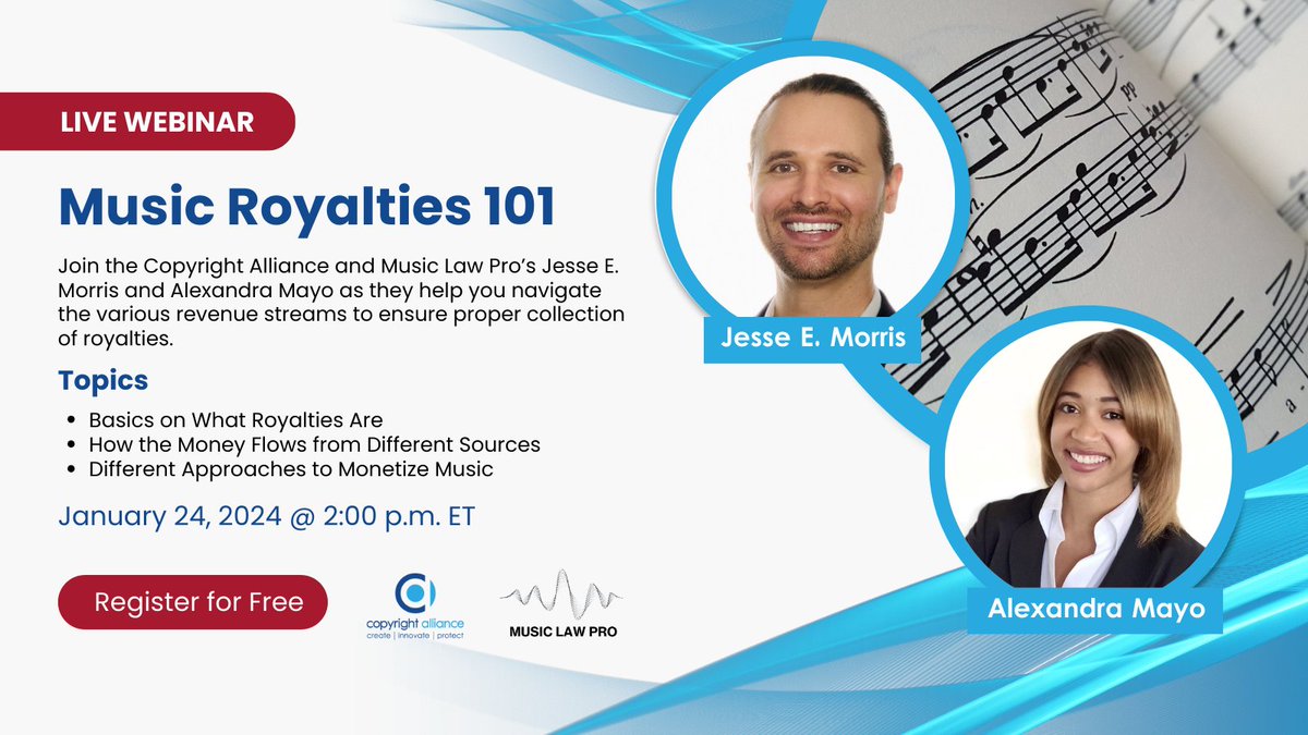Unite4Copyright's tweet photo. If you're a music creator who is looking to ensure proper collection of your royalties, join the Copyright Alliance and @MusicLawPro to get a crash course in Music Royalties 101 on January 24 at 2 p.m. ET. Click here to register for free! https://t.co/mA21SskVr7 https://t.co/YQECAIHveE
