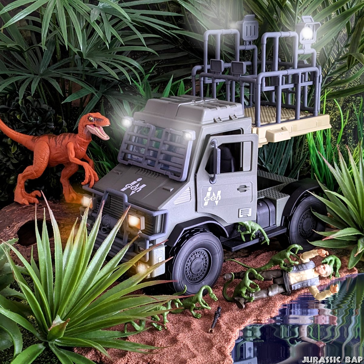 Unimog encounters! Thanks @collectjurassic for the help with the set! @JurassicWorld @Mattel #JurassicWorld #TheParkIsOpen #JurassicPark #IslaNublar #TheLostWorld #IslaSorna #Mattel #MattelJurassicWorld #Dinosaur #Velociraptor #Compsognathus #MercedesBenz #Mercedes #Unimog