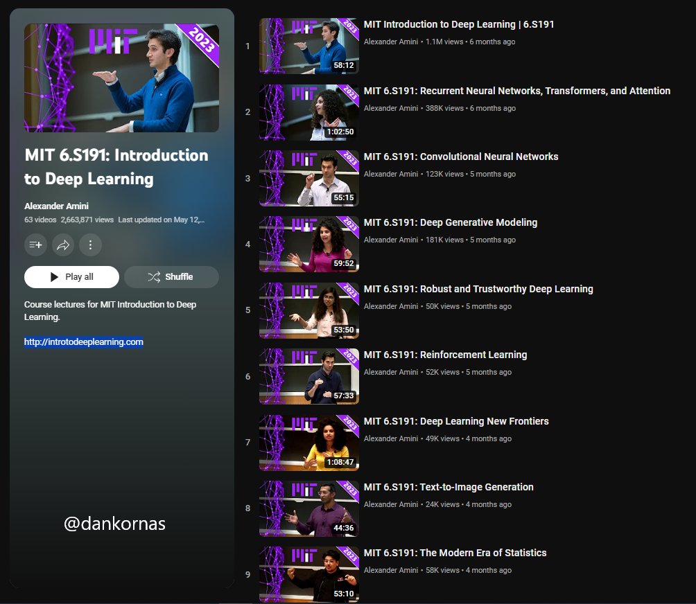 👉 Introduction to Deep Learning by <a href="/MIT/">Massachusetts Institute of Technology (MIT)</a>

An efficient and high-intensity bootcamp designed to teach you the fundamentals of deep learning as quickly as possible.

🔗youtube.com/playlist?list=…