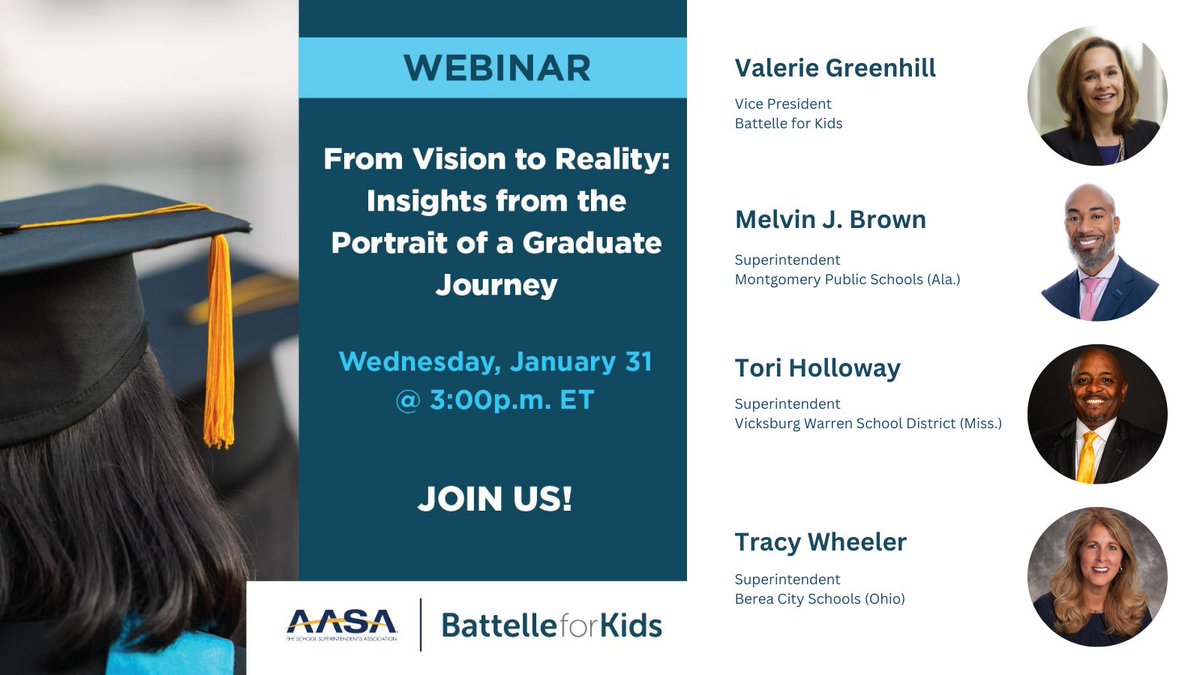 Join @AASAHQ and Battelle for Kids (BFK) for an informative, free webinar with three superintendents diving into the power of the #PortraitofaGraduate. Plus, get a sneak peek at the new Portrait Academy, offered in partnership with AASA and BFK. Register: bit.ly/48pxvTu