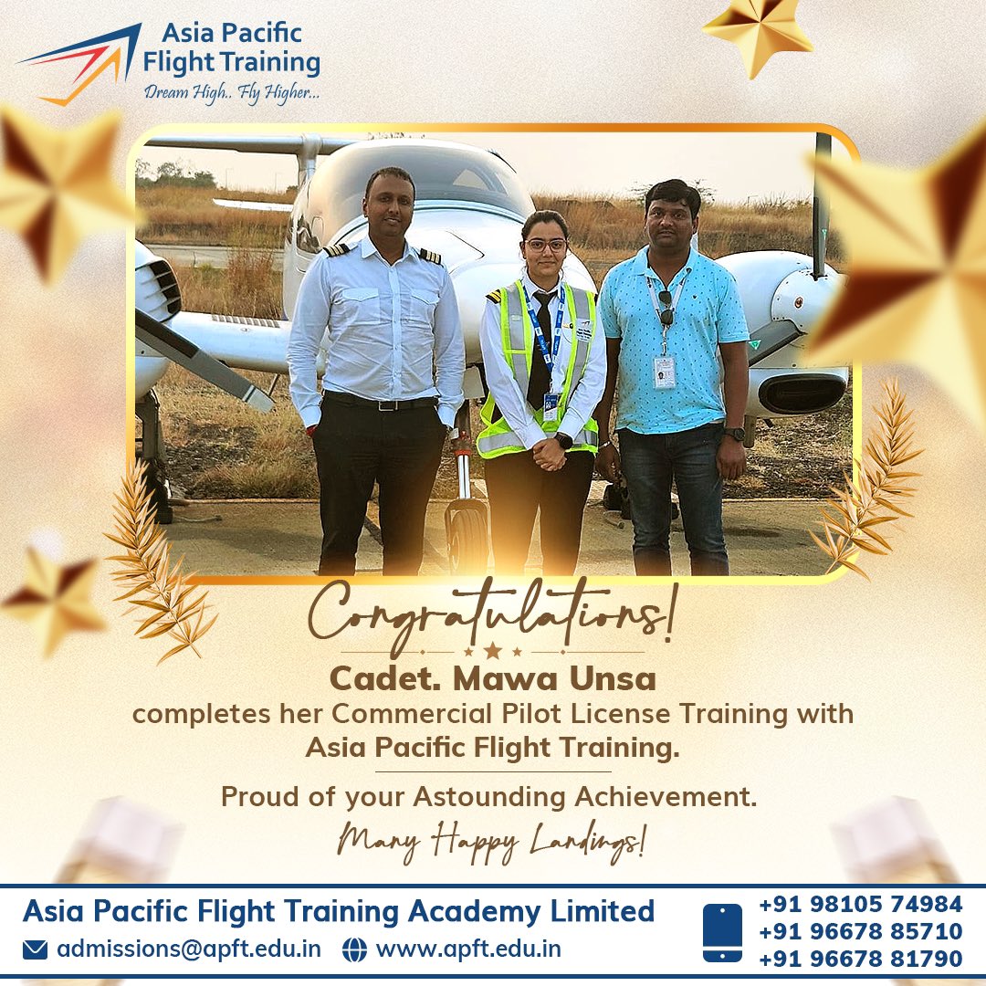 Congratulations! Cadet. Mawa Unsa completes her Commercial Pilot License Training with Asia Pacific Flight Training. Proud of your Astounding Achievement ⭐️ Many Happy Landings!✈️ Write to us: admissions@apft.edu.in Contact us: +91 9810574984 #Pilot #proudmoment