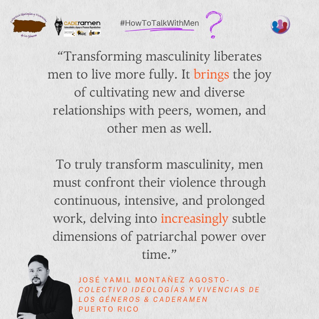 🌟José Yamil Montañez Agosto shares his insights on #HowToTalkWithMen about working with men and boys for #GenderEquality, #LGBTIQ rights and #SocialJustice

❓Do you have tips on effective strategies for engaging men and boys? Share your thoughts using #HowToTalkWithMen