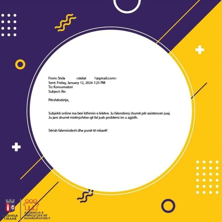 AMKTirane's tweet photo. Konsumator i informuar ℹ️
Blerës i zgjuar 🛍 
Ashtu si Stela, shumë nga ne mund të gjenden para situatave të mashtrimit me blerjet online 📲 
Ndiq ➡️ sesi përmes ndërmjetësimit nga zyra ZAM 🤝 ankesat kthehen në falenderime.

#alokonsumator #blimezgjuarsi 
#AMK #ZAM https://t.co/mzfcjcU3vI