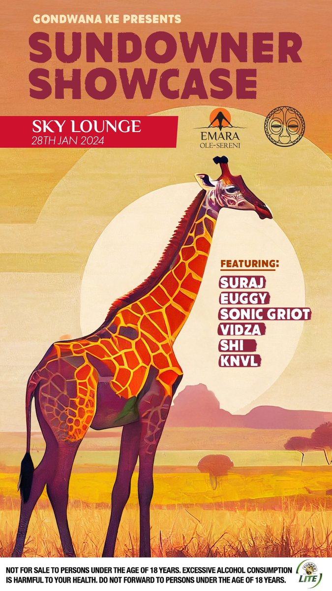 gondwana_Ke's tweet image. Just 10 days to our first Sundowner showcase ☀️ of the year! 

Final tickets available here - gondwanake.hustlesasa.shop 🦒🦒

🍺 @TuskerLager 
📍@OSereni 

#GondwanaKE #Keepitlite #DrinkBetterNotMore