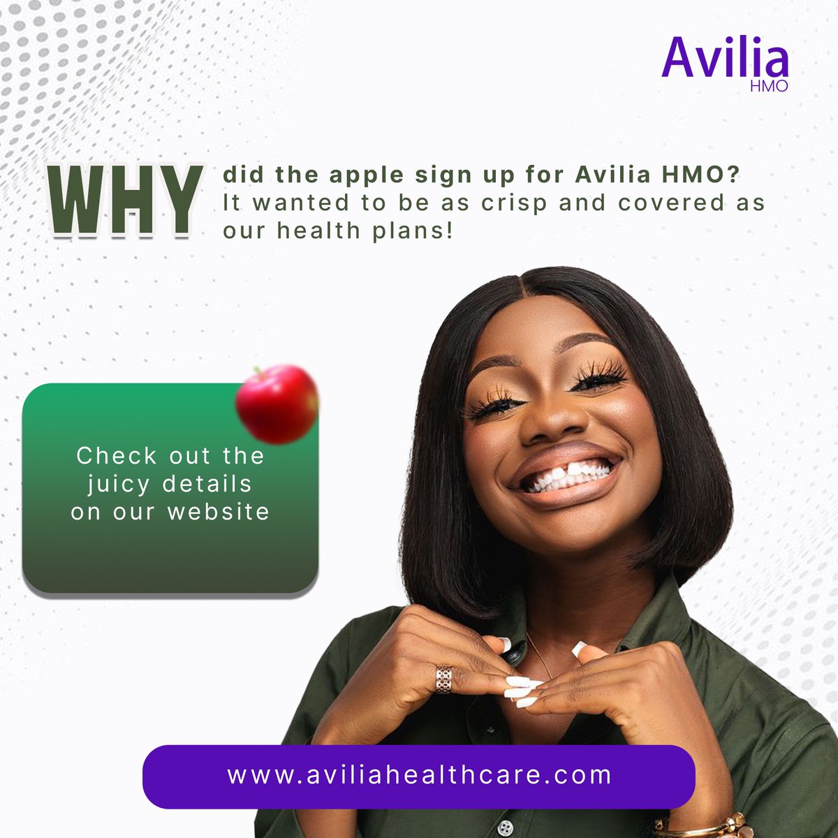 Even apples know the secret to staying crisp and covered!
Discover the juicy details of our health plans at Avilia HMO.
Your well-being, our priority! #HealthcareNigeria #HMOinNigeria #HealthInsurance #NigerianHealth #WellnessWednesday #HealthCoverage #NaijaHealth