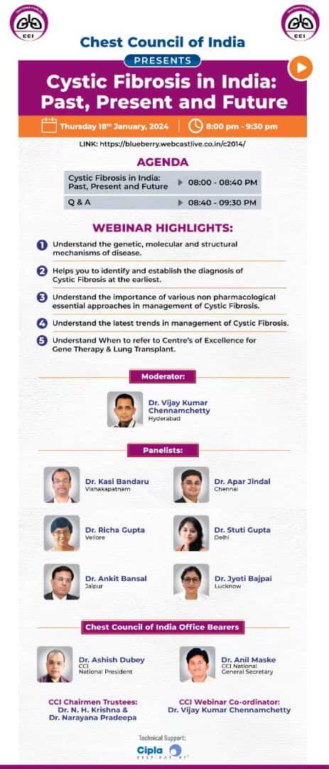 CciChest's tweet photo. "Secretions are important inside us to keep the activities ongoing, 
What if these secretions Clog &amp; make systems off going?"

CHEST COUNCIL OF INDIA brings a Webinar on CYSTIC FIBROSIS in India 

 Thursday 18th January 8pm onwards by clicking on https://t.co/isrf7BbsAg https://t.co/W6cPLu5T9f