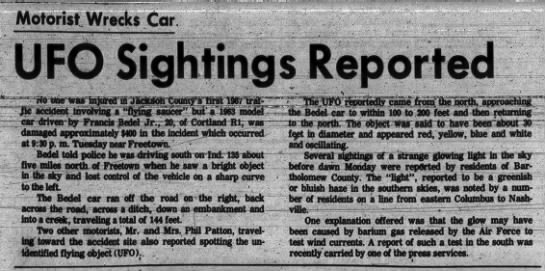 #ufotwitter #Ufohistory
Today in UFO History - UFO Caused Car Wreck?
January 17, 1967 — Freetown, IN
1/Night. Francis Bedel Jr. is driving on State Highway 135 five miles north of Freetown, Indiana, when a glowing white light darts into his field of vision. It hovers above the