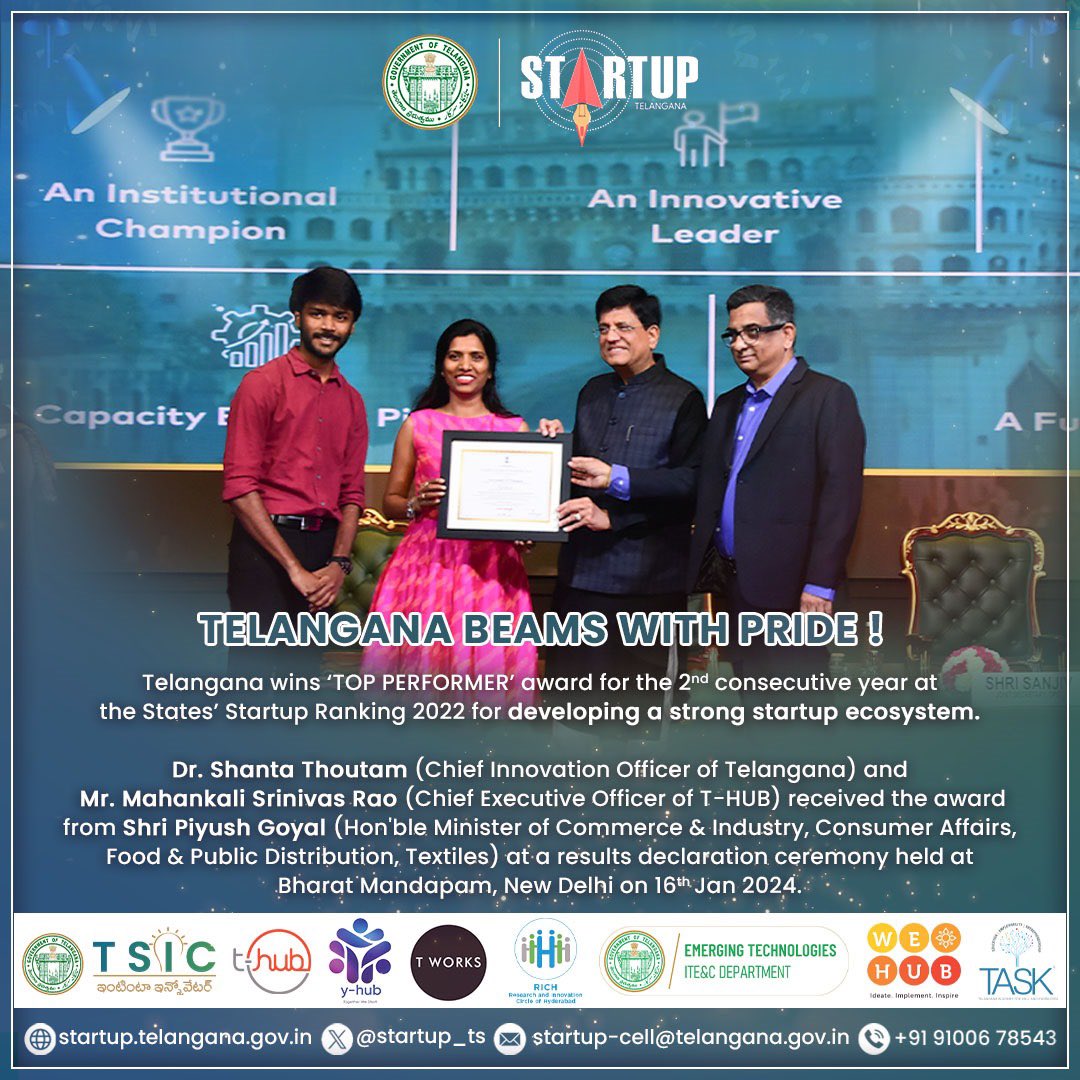 Startup Telangana (@startup_ts) on Twitter photo Telangana's holistic approach to innovation pays off as the state is bestowed with Top Performer in #StateStartupRanking ‘22 for 2nd consecutive year by <a href="/DPIITGoI/">DPIIT India</a>
It’s a proud testimony to the collective efforts of all our enablers. <a href="/OffDSB/">Sridhar Babu Duddilla</a>
#TelanganaSuccessStory #Startupindia Telangana's holistic approach to innovation pays off as the state is bestowed with Top Performer in #StateStartupRanking ‘22 for 2nd consecutive year by <a href="/DPIITGoI/">DPIIT India</a>
It’s a proud testimony to the collective efforts of all our enablers. <a href="/OffDSB/">Sridhar Babu Duddilla</a>
#TelanganaSuccessStory #Startupindia