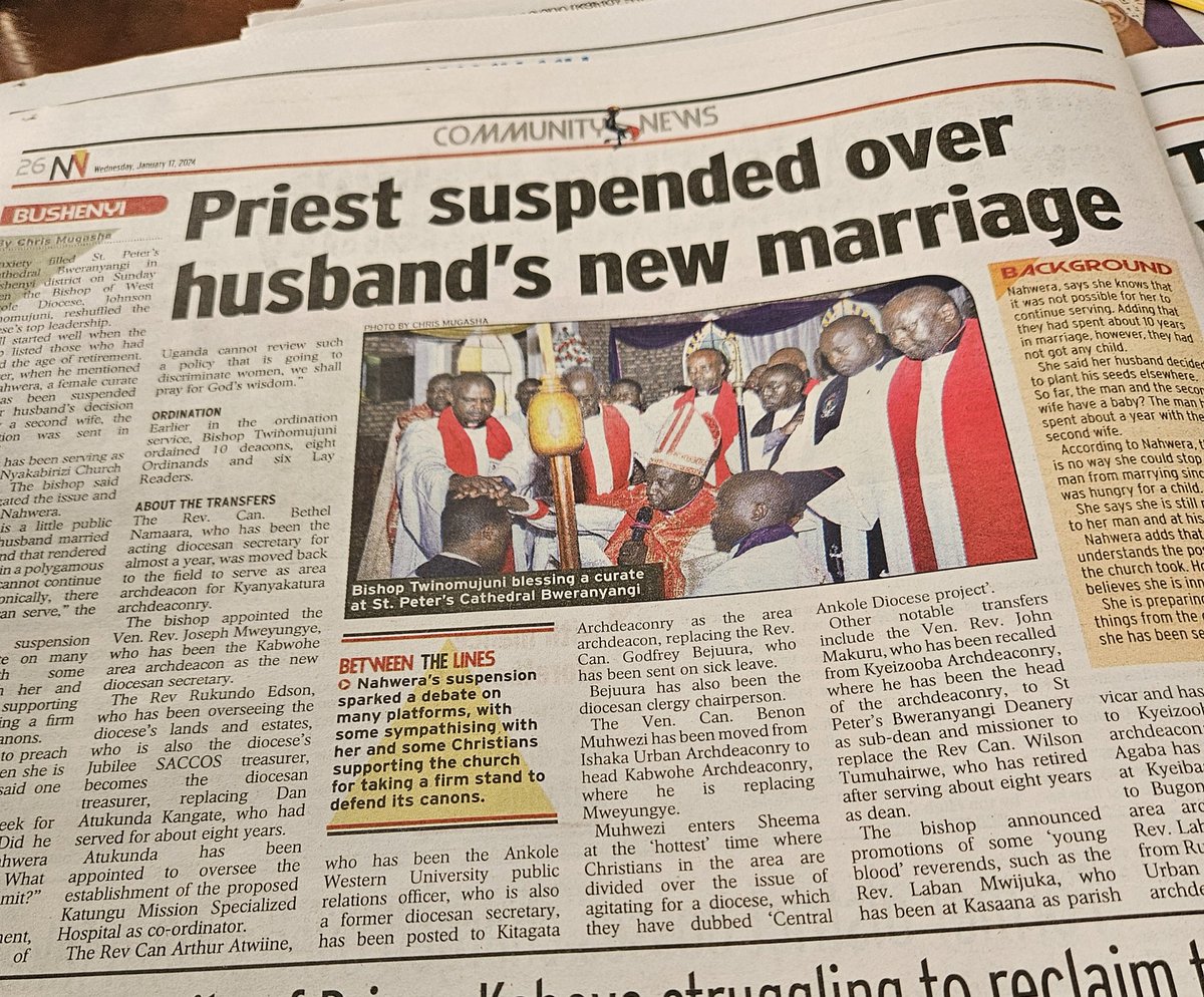 The big debate! West Ankole Diocese bishop Johnson Twinomujuni has suspended Nice Nahwera, the Curate at Nyakabirizi CoU, after her husband married another wife. 'Her husband married another wife and that rendered Nahwera to be in a polygamous marriage...' said the bishop. The…