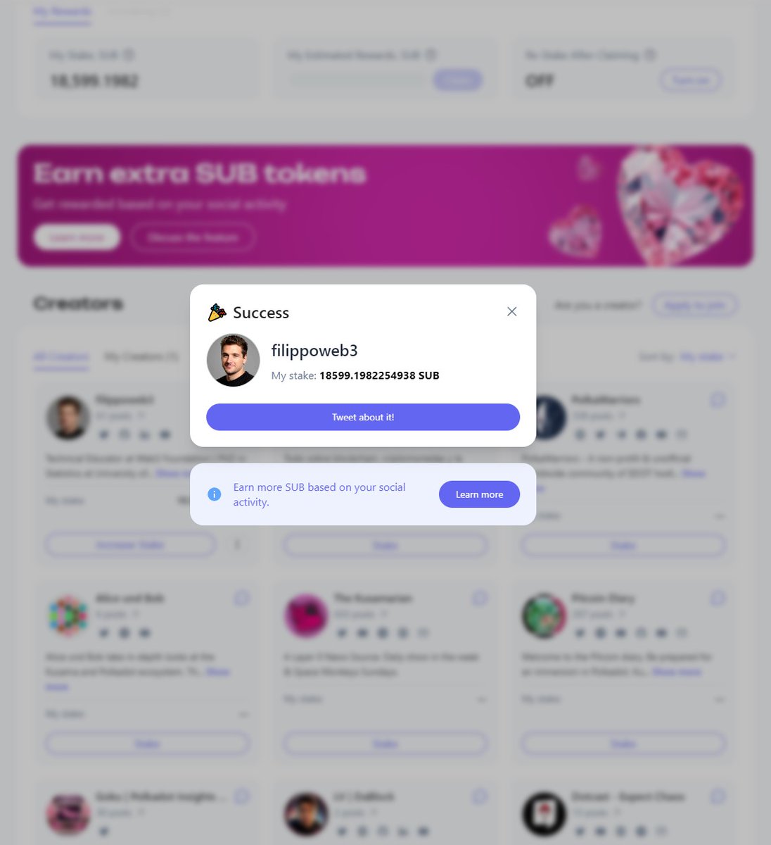 I just staked my #SUB to <a href="/filippoweb3/">Filippo Franchini</a> on <a href="/SubsocialChain/">Subsocial SUB</a>

You can stake towards your favorite creators here: sub.id/creators

 #CreatorEconomy #CreatorStaking #Subsocial #Web3Social #SocialFi