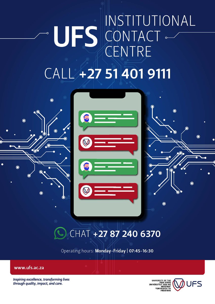 UFSweb's tweet photo. Need registration assistance? We've got you covered!

Contact us:
UFS Call Centre: +27 51 401 9111
WhatsApp: +27 87 240 6370

Explore more at https://t.co/4JnB2zW4aD

#UFS2024Registration | #StudyAtUFS https://t.co/udRBvhAlmh