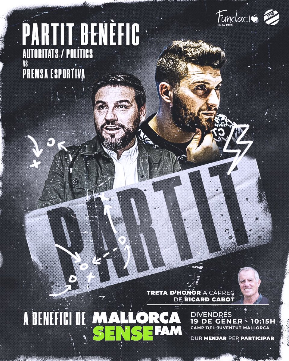 FFIB_oficial's tweet photo. ⚽️ 𝐏𝐀𝐑𝐓𝐈𝐓 𝐁𝐄𝐍𝐄̀𝐅𝐈𝐂 @fundacioffib 

🎙️ Premsa esportiva 🆚 👔 Autoritats/polítics

🫵🏻 Cada convocat/ada ha de dur un aliment a benefici de @mallorcasensefa

📍 Camp Son Fusteret @juvemallorca

⏰ 10:15h

🫶 Treta d’honor a càrrec de @RicardCabot 

#4illes1futbolsocial https://t.co/nYBThvVR9H