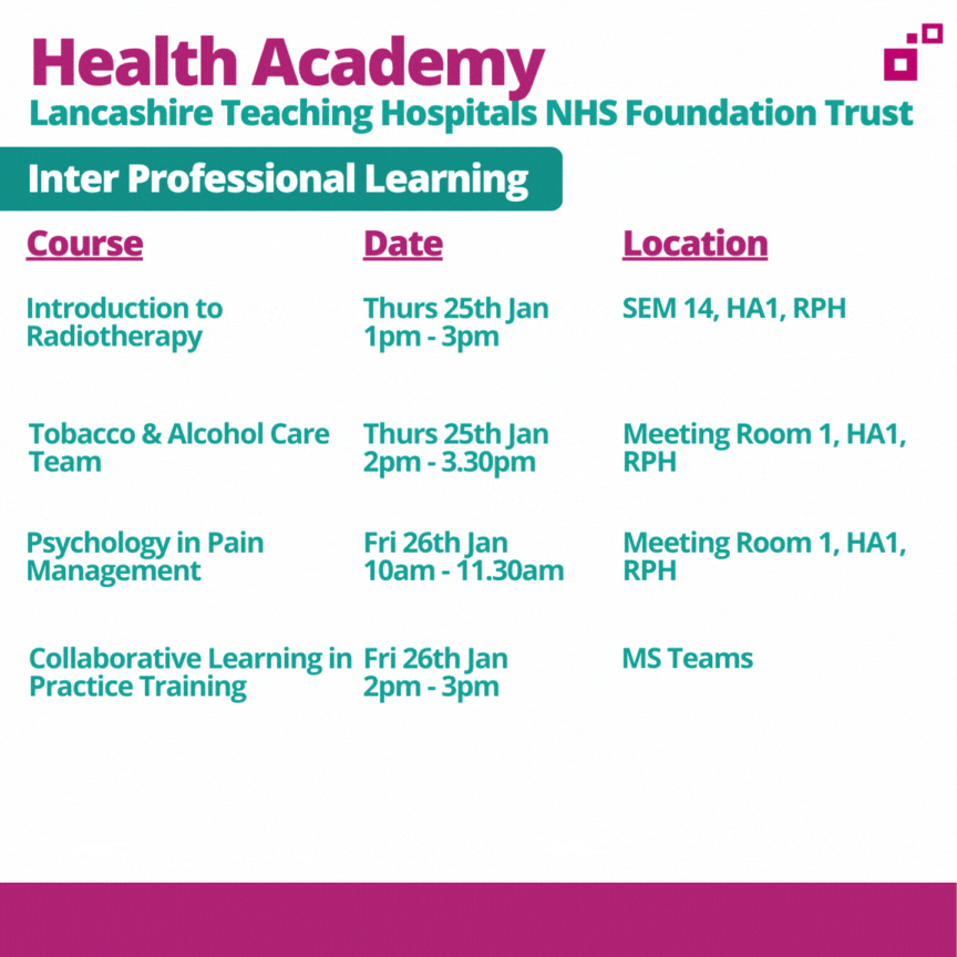 Please see our Inter-professional Learning Sessions available next week, for our learners and trainees.

Please share with all learners and trainees. 😍🖐️🗣️