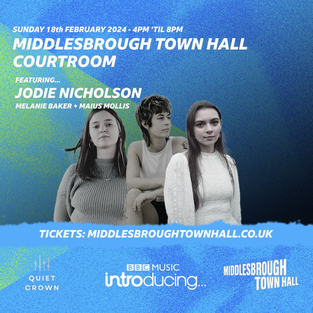 📢 @bbcintroducing is back and we're buzzing to announce our first gig for 2024 in the Town Hall Courtroom! Featuring... Jodie Nicholson, Melanie Baker + Maius Mollis. Sun 18 Feb, 4-8pm. On sale NOW! middlesbroughtownhall.co.uk/event/bbc-intr… @henrycarden