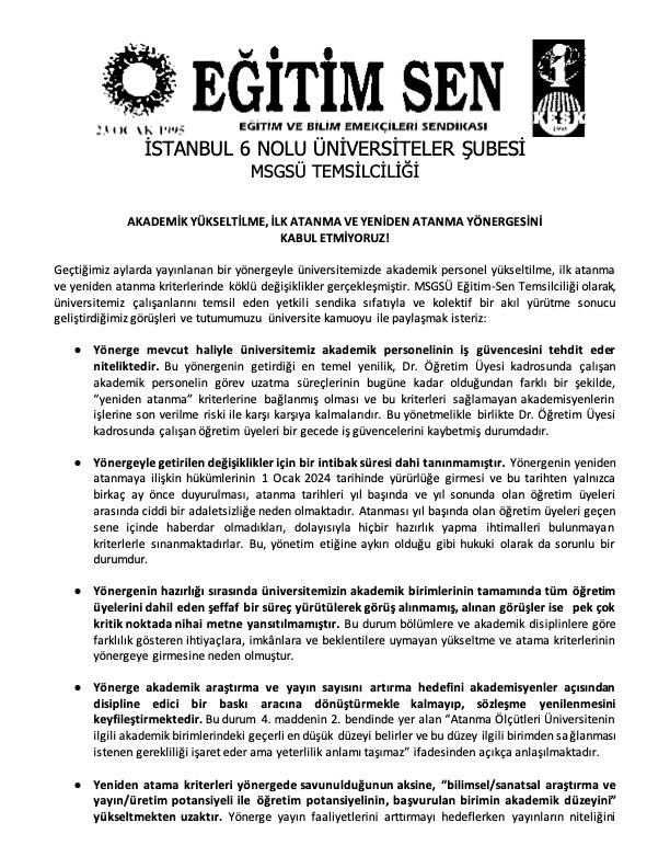 EgitimsenMSGSU's tweet photo. Akademik Yükseltilme, İlk Atanma ve Yeniden Atanma Yönergesini Kabul Etmiyoruz!

@msgsuniversite
@egitimsen
@EgitimSenist6 https://t.co/jXdveysTi2