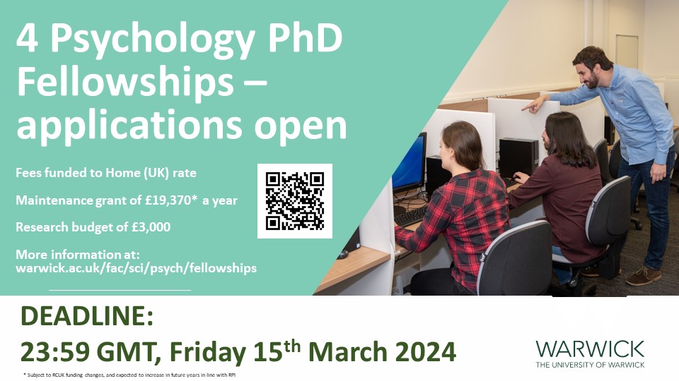 Warwick Psychology (@warwickpsych) on Twitter photo We are offering 4 funded PhD positions for students starting in October 2024
2 open & 2 for projects with <a href="/Mikhail_Spektor/">Mikhail Spektor</a> & <a href="/SabrinaTwilhaar/">Sabrina Twilhaar</a>
Details: jobs.ac.uk/job/DFF245/fou…
Deadline: 23:59 GMT, 15th March
Queries? Contact psychologyPG@warwick.ac.uk We are offering 4 funded PhD positions for students starting in October 2024
2 open & 2 for projects with <a href="/Mikhail_Spektor/">Mikhail Spektor</a> & <a href="/SabrinaTwilhaar/">Sabrina Twilhaar</a>
Details: jobs.ac.uk/job/DFF245/fou…
Deadline: 23:59 GMT, 15th March
Queries? Contact psychologyPG@warwick.ac.uk