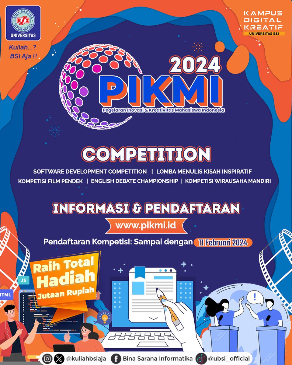 PIKMI 2024 - PAGELARAN INOVASI &amp; KREATIVITAS MAHASISWA SE-INDONESIA 2024

Universitas BSI mempersembahkan PIKMI - Pagelaran Inovasi &amp; Kreativitas Mahasiswa Se-Indonesia, yang merupakan ajang kompetisi mahasiswa antar perguruan tinggi.