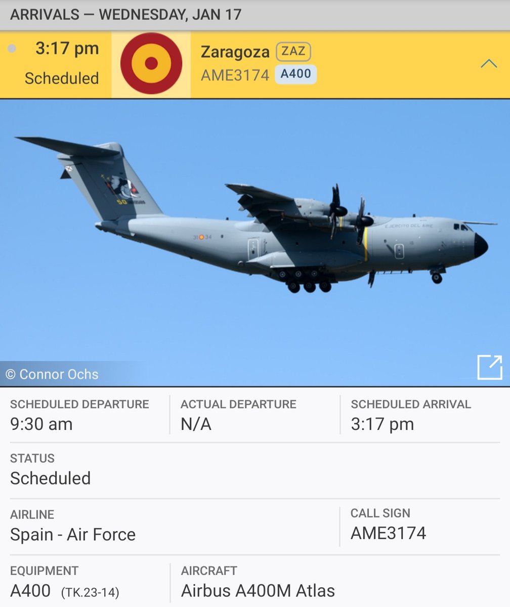 LebanonJets's tweet photo. Military: Fuerza Aerea Española (Spanish Air Force) A400 TK.23-14 hex #3532CE Serial #128 from #Zaragoza #Spain to #Beirut #Lebanon & back https://t.co/hvtW0IIE6u