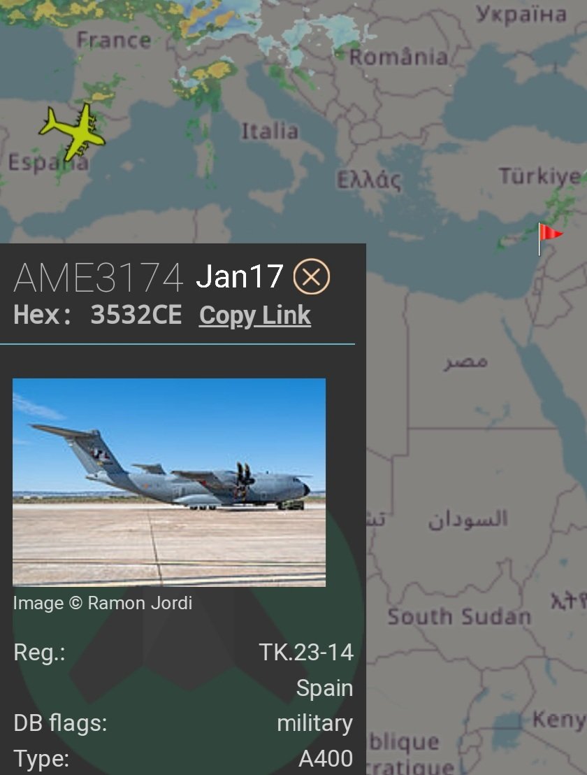 LebanonJets's tweet photo. Military: Fuerza Aerea Española (Spanish Air Force) A400 TK.23-14 hex #3532CE Serial #128 from #Zaragoza #Spain to #Beirut #Lebanon & back https://t.co/hvtW0IIE6u