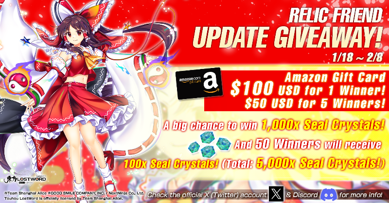 touhouLW_Global's tweet photo. Hi friends,

Our Relic Friend Update Giveaway has begun!🎉

Enter for your chance to win Prizes!

🎁Prizes:
・1x $100 USD Amazon Gift Card✨
・5x $50 USD Amazon Gift Card✨
・1x 1000x Seal Crystals!💎
・50x 100x Seal Crystals!💎

Give our giveaway a go!

#touhouLW

⬇️Join below⬇️