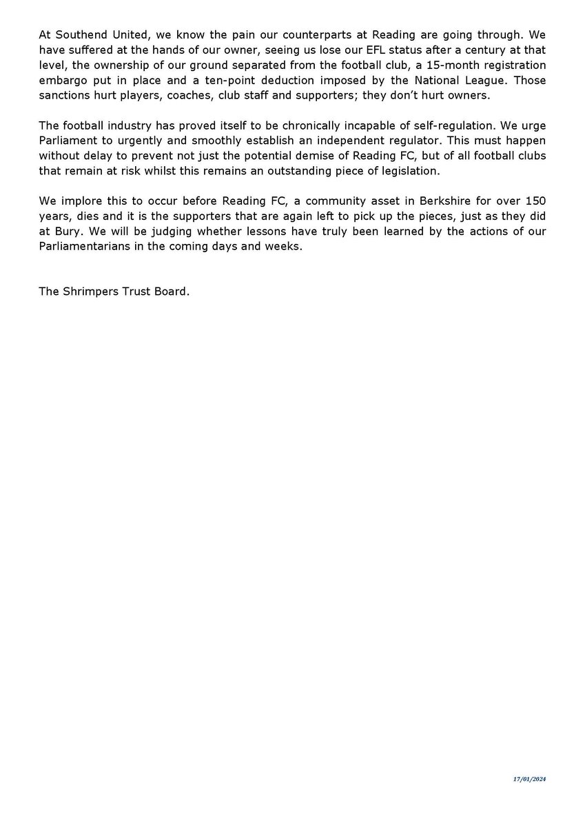 Trust Statement - 17th January 2024

Shrimpers Trust Reiterate Call For Independent Regulator

shrimperstrust.co.uk/latest-news/st…
