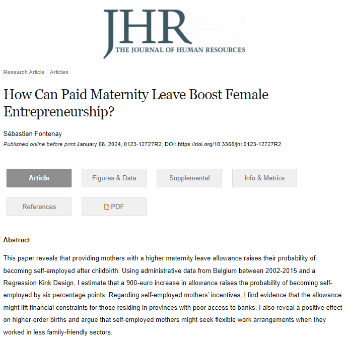FontenaySbasti1's tweet photo. I could not think of a better way to start 2024 than seeing my JMP published ahead of print in the @J_HumanResource 🤩
#EconTwitter Here's a short 🧵 on my findings linking maternity leave allowance generosity and post-childbirth female entrepreneurship https://t.co/KOrcdFA7Co