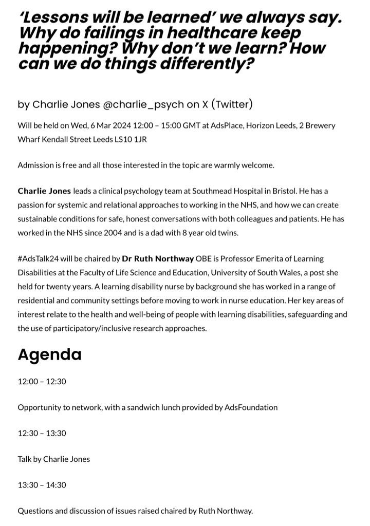 Your expert insights would be warmly welcome so please join us for this free event in #Leeds #AdsTalk24 with medical psychologist Charlie Jones. All delegates have the opportunity to debate the issues raised. Click link for full details & to book. theadsfoundation.org/upcoming-adsta…