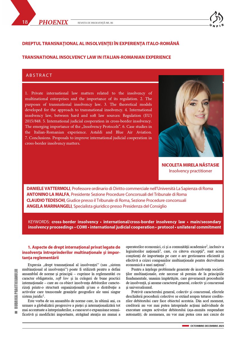 „Dreptul transnațional al insolvenței în experiența italo-română” – a wonderful example of Italian-Romanian interprofessional cooperation in the insolvency field!
universuljuridic.ro/dreptul-transn…
unpir.ro/revista-phoenix