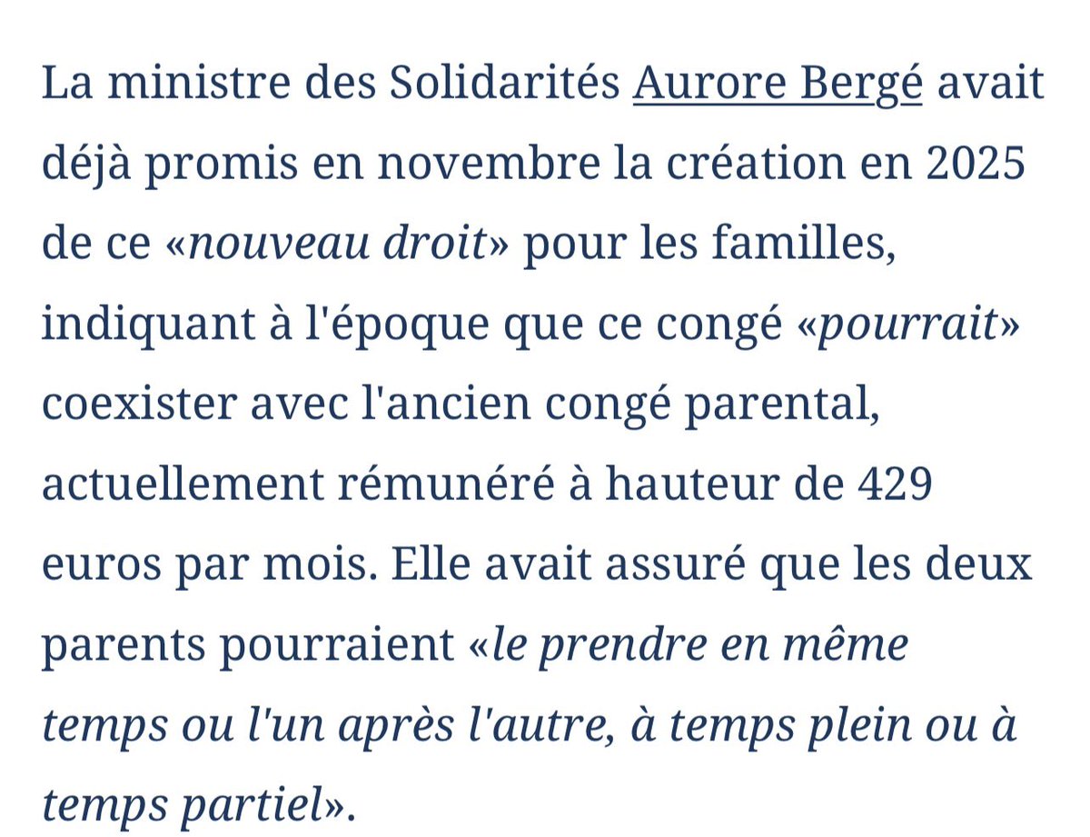 avriogata's tweet photo. Si le "congé de naissance" (6 mois) vient se substituer au congé parental (3 ans) et non s'y ajouter, ça ne s'appelle pas un progrès, ça s'appelle une régression et un droit en moins. https://t.co/4NQm6PjtPm