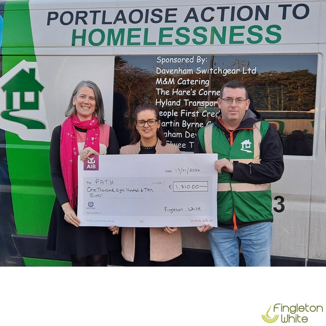 We raised €1,810 for Portlaoise Action to Homelessness (PATH) - from staff donations raised during our Steps Challenge plus a matching amount from Fingleton White.

PATH works tirelessly to support the homeless in Laois and Dublin.

#FingletonWhite
#GivingBackToTheCommunity