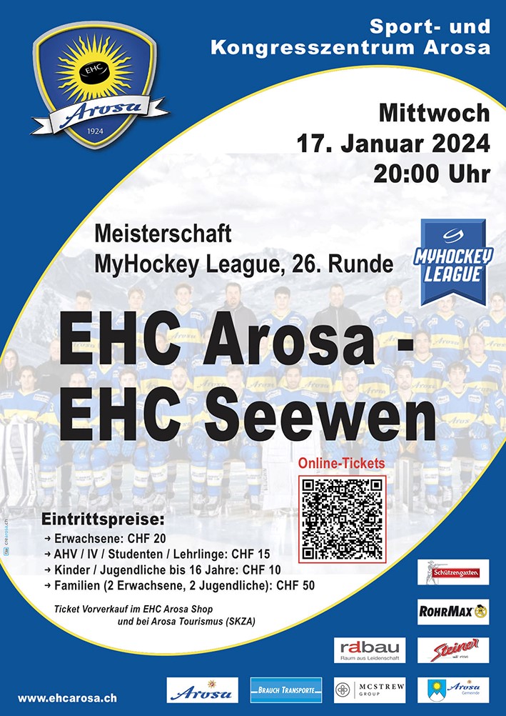 Matchtag: Die Nummer 1 der Liga kommt nach Arosa 

Mit breiter Schulter gehen die Aroser in das heutige Spiel gegen Seewen. 

ehcarosa.ch/news/?article=…

Hopp Arosa!